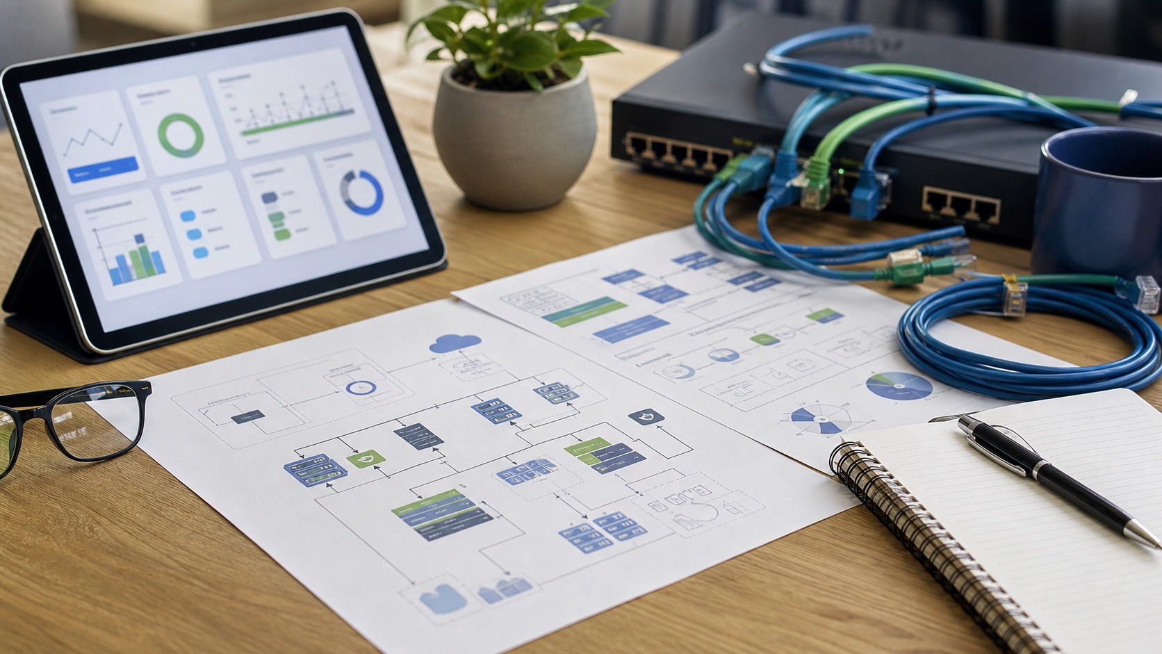 Infrastructure planning materials with diagnostics dashboard and network equipment